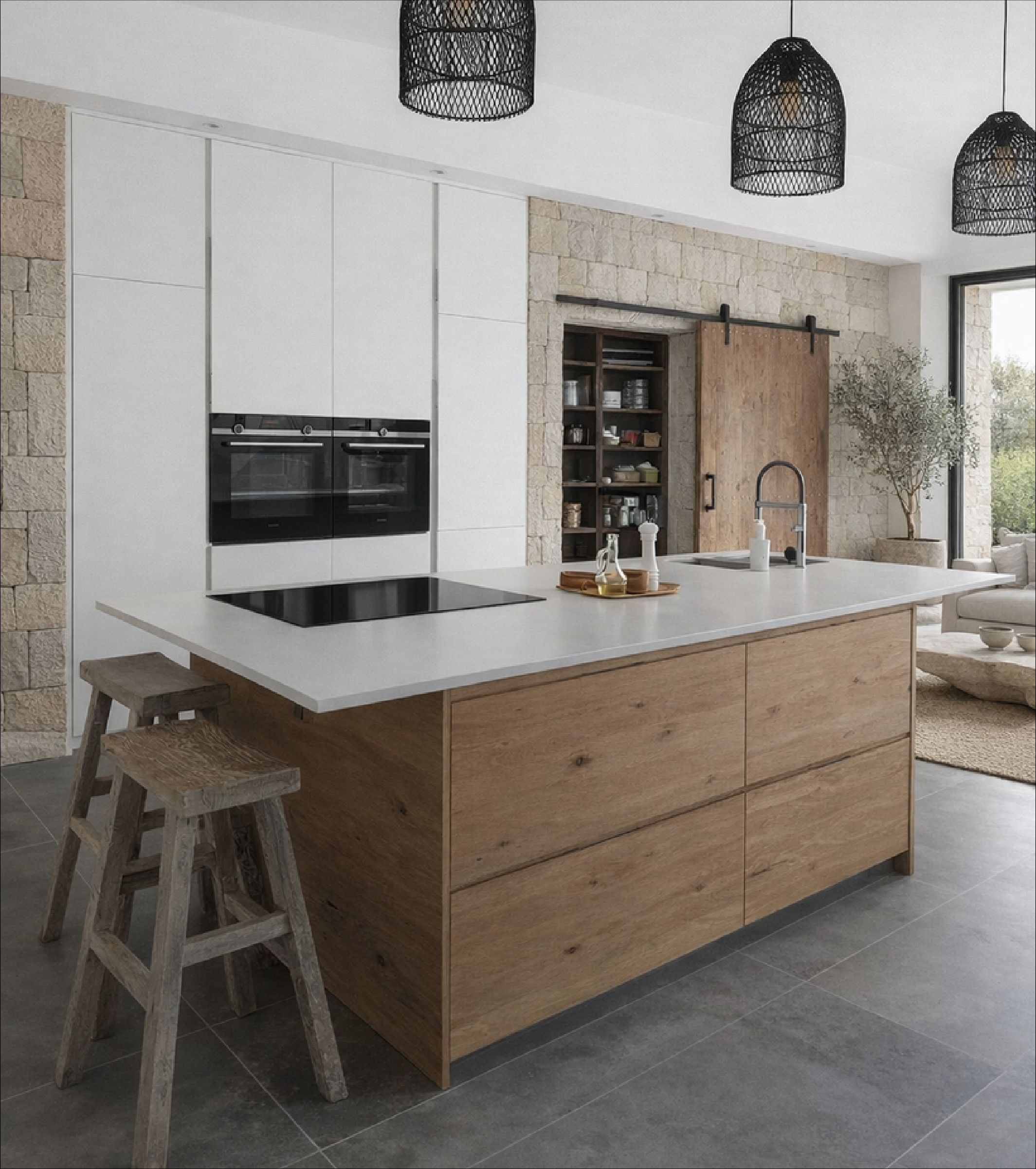 Cocina abierta al salón en una vivienda reformada en Dénia
